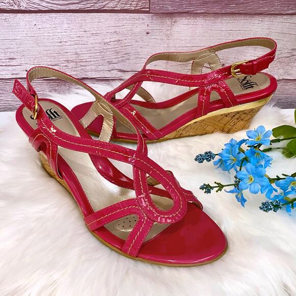 Sofft Hot Pink/Gold Detail Strappy Slingback Open Toe Cork Wedge Comfort Sandals - Picture 1 of 12